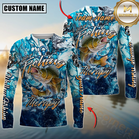Maxcorners Walleye Fishing Therapy Personalized Name, Team Name 3D Long Sleeve Shirt