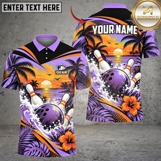 Maxcorners Bowling Tropical Beach Sunset Ocean Waves Hibiscus Pins Strike Artwork Multicolor Customized Name, Team Name 3D Shirts