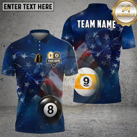 Maxcornerss Billiards 8 Ball & 9 Ball Blue American Flag Love Customized Name, Team Name 3D Shirt