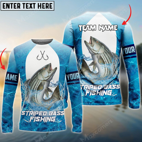 Maxcorners Striped Bass Fishing Blue Wave Personalized Name, Team Name 3D Long Sleeve Shirt