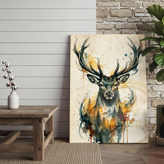 Maxcorners Watercolor Deer Canvas Wall Art - Golden Autumn Forest Scene