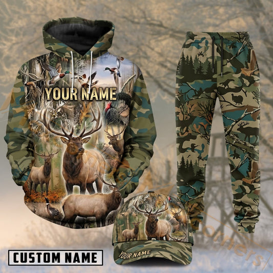 Maxcorners Hunting Whitetail Deer Herd Green Woodland Camo Personalized 3D Combo Hoodie, Sweatpants Set & Cap