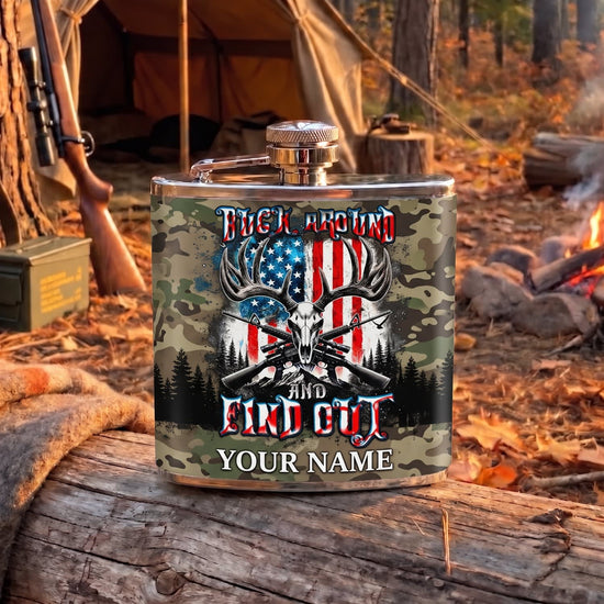 Maxcorners Hunting Patriotic Deer Skull American Flag Camo Design Personalized Name 3D Hip Flask