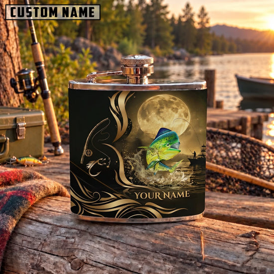Maxcorners Fishing Moonlit Fish Golden Swirl Personalized Name 3D Hip Flask