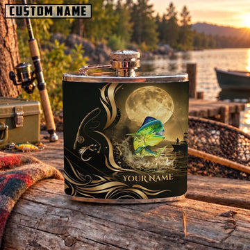 Maxcorners Fishing Moonlit Fish Golden Swirl Personalized Name 3D Hip Flask