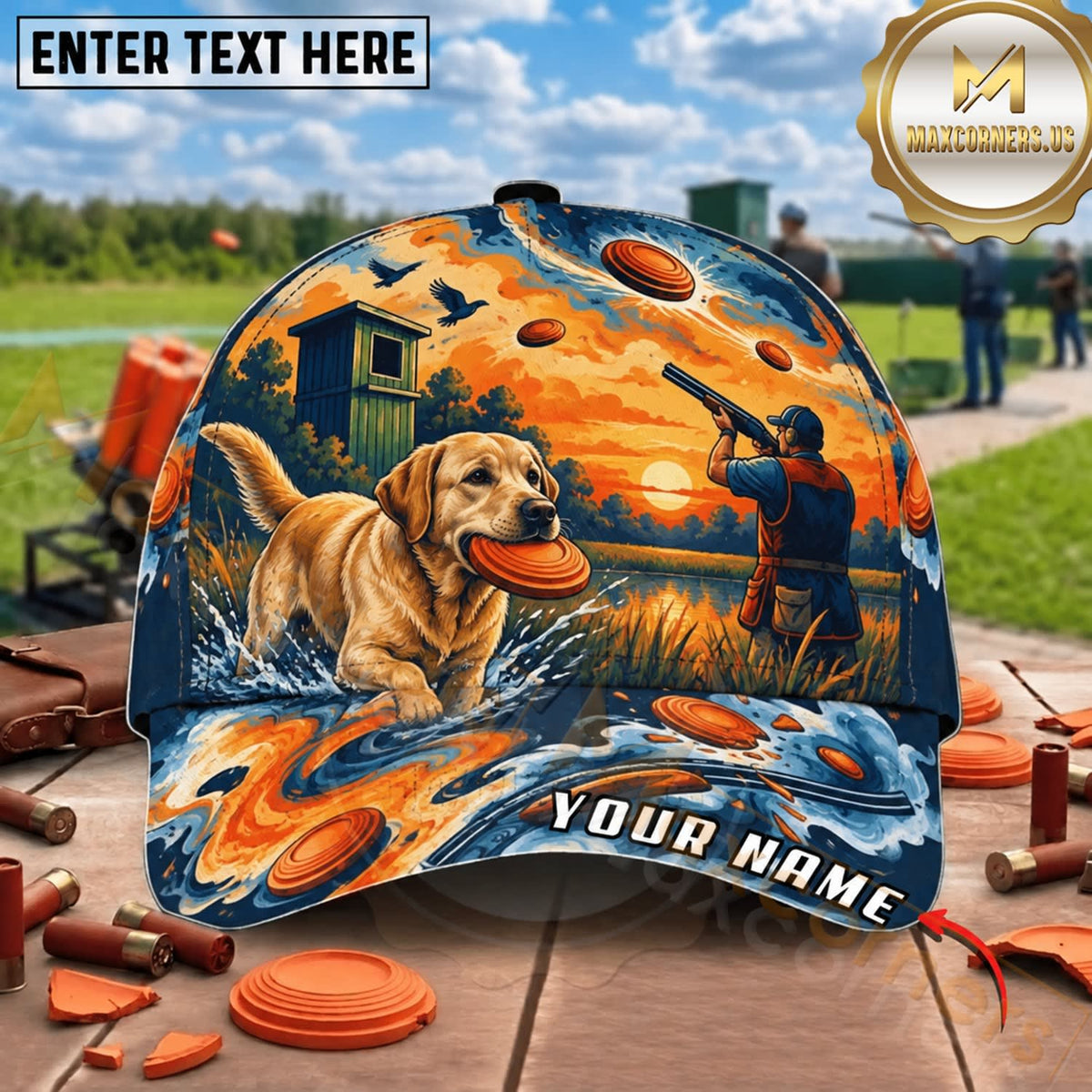 Maxcorners Sunset Labrador Clay Target Shooter Trap Shooting Personalized Name 3D Cap