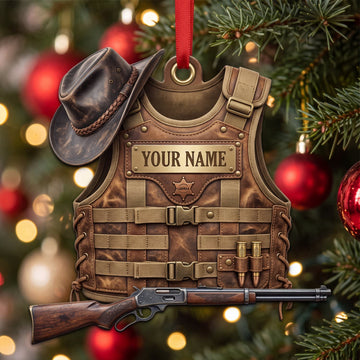 Maxcorners Hunting Western Leather Vest Cowboy Hat And Rifle Personalized Name 3D Keychain And Ornament