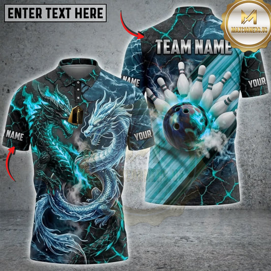 Maxcorners Bowling Dual Element Dragon Flaming Bowling Strike Multicolor Customized Name, Team Name 3D Shirts ( 4 Colors )