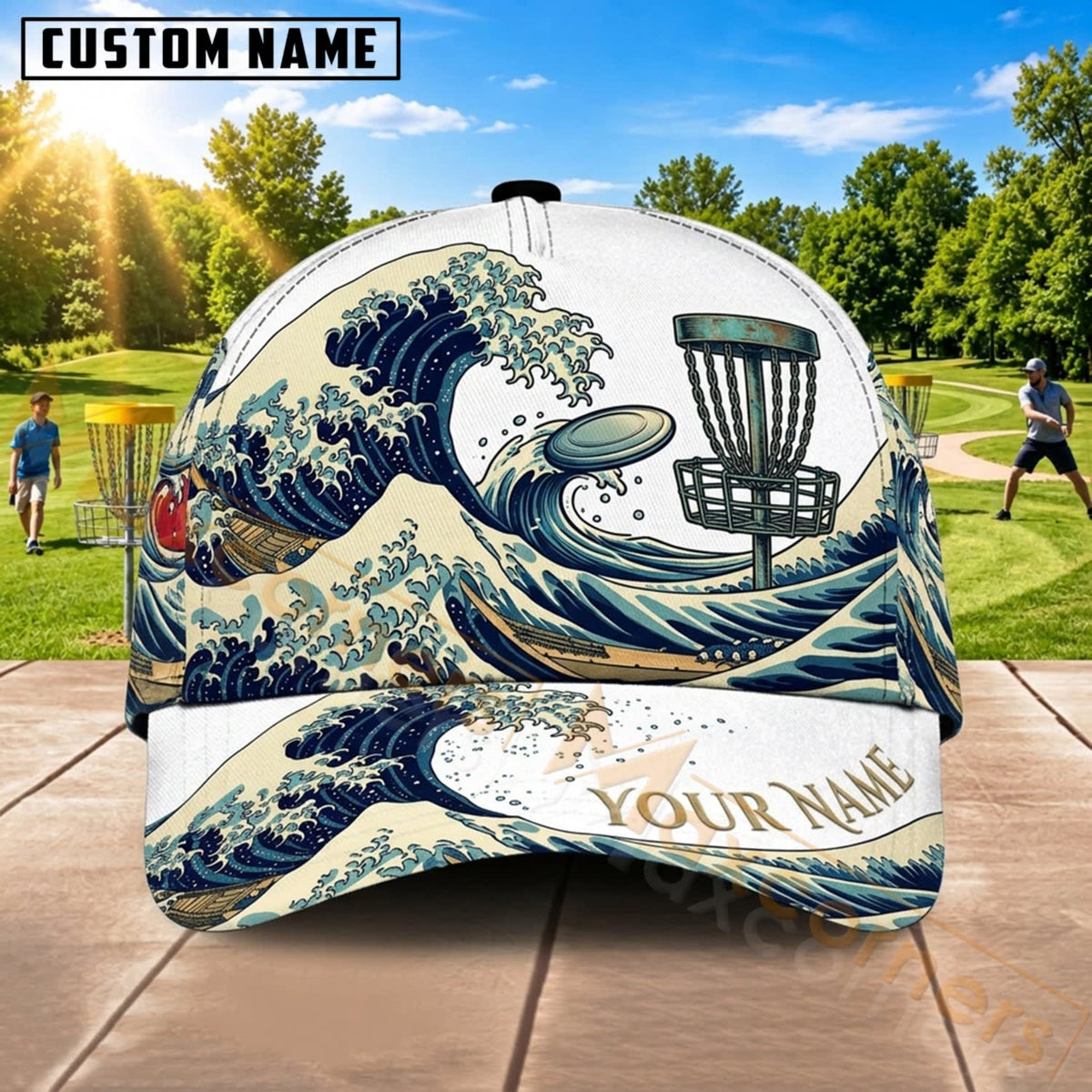 Maxcorners Disc Golf Ocean Wave Chain Basket Personalized Name 3D Cap