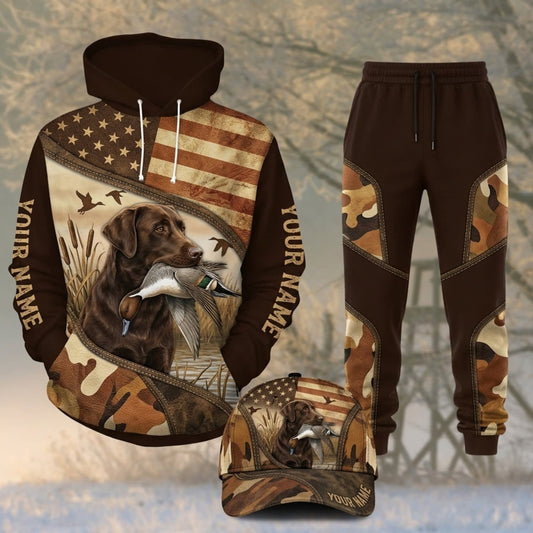 Maxcorners Duck Hunting German Shorthaired Pointer American Flag Brown Camo Personalized 3D Shirts
