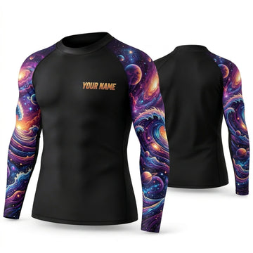 Maxcorners Personalized Galaxy Art Black Shirt with Dual Purple Galaxy Swirl Sleeves 3D All Over Printed Shirts, Best Gifts for Galaxy Lovers