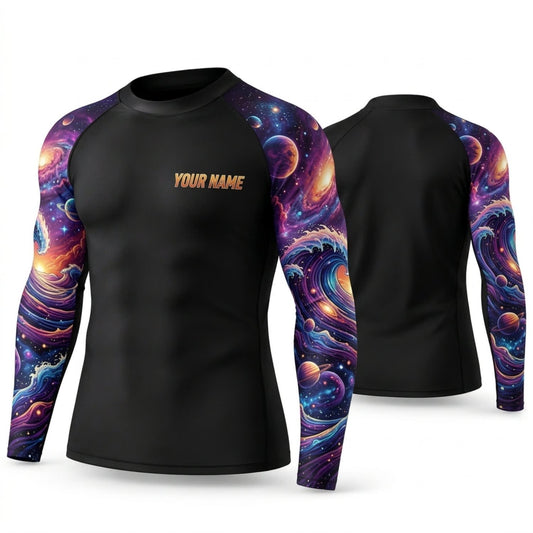 Maxcorners Personalized Galaxy Art Black Shirt with Dual Purple Galaxy Swirl Sleeves 3D All Over Printed Shirts, Best Gifts for Galaxy Lovers
