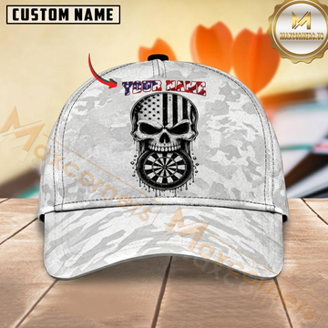 Maxcorners Darts American Flag Skull White Gray Camouflage Personalized Name 3D Cap