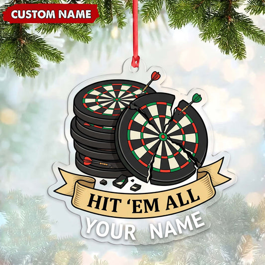 Maxcorners Darts Lover Hit Em All Banner, Stacked Target Boards, Crossed Darts Personalized Name Ornament 2D Flat