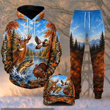 Maxcorners Hunting Blue Sky Autumn Wildlife Forest Pattern Personalized 3D Combo Hoodie, Sweatpants Set & Cap