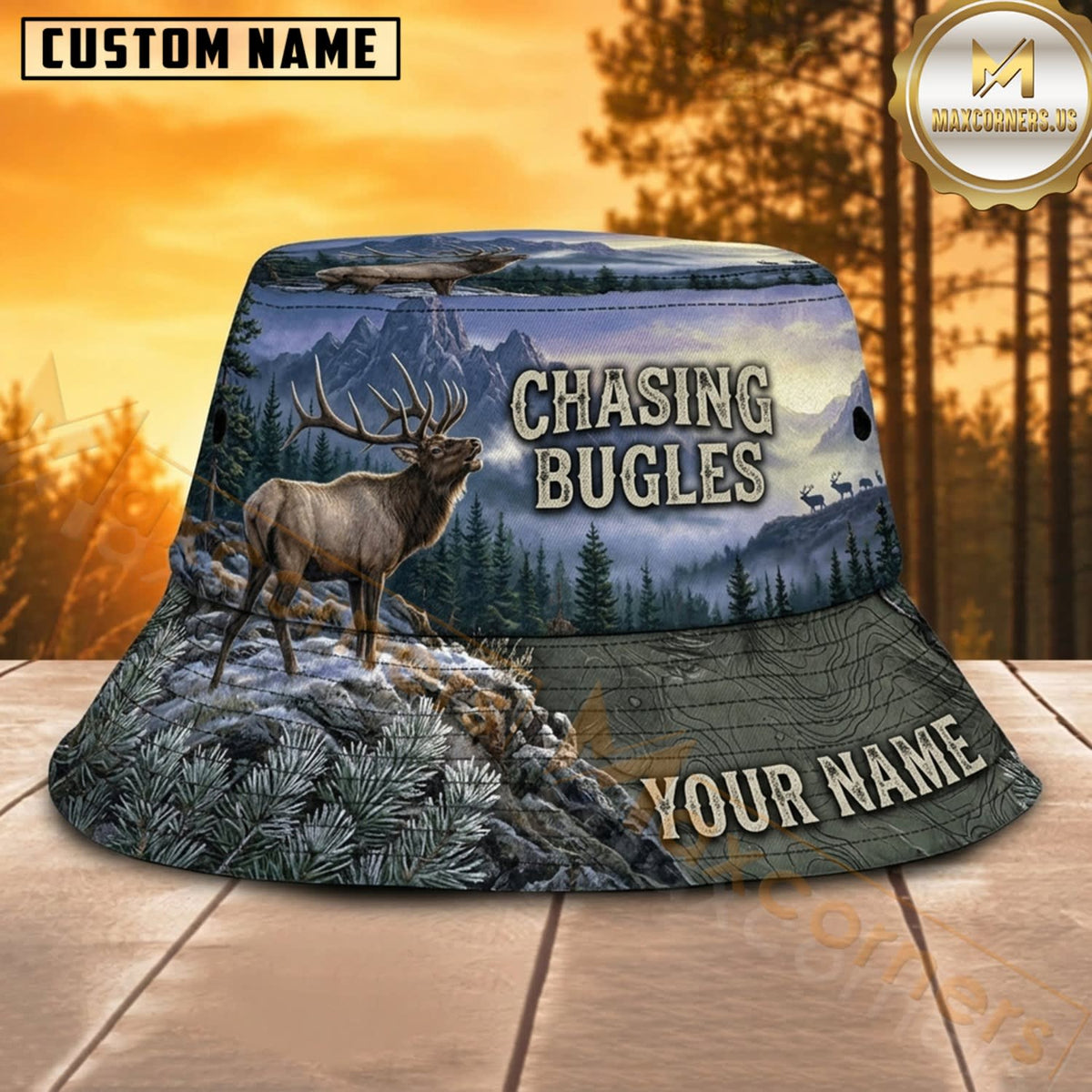 Maxcorners Moose Hunting Chasing Bulls Snowy Peak Personalized Name 3D Bucket Hat