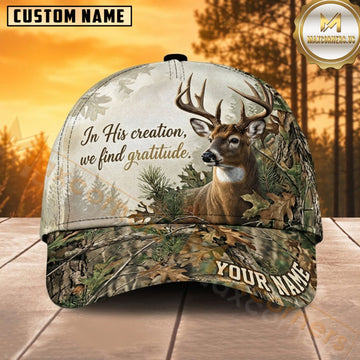 Maxcorners Deer Hunting Whitetail Buck In His Creation We Find Gratitude Cream Woodland Camo Customized Name 3D Cap
