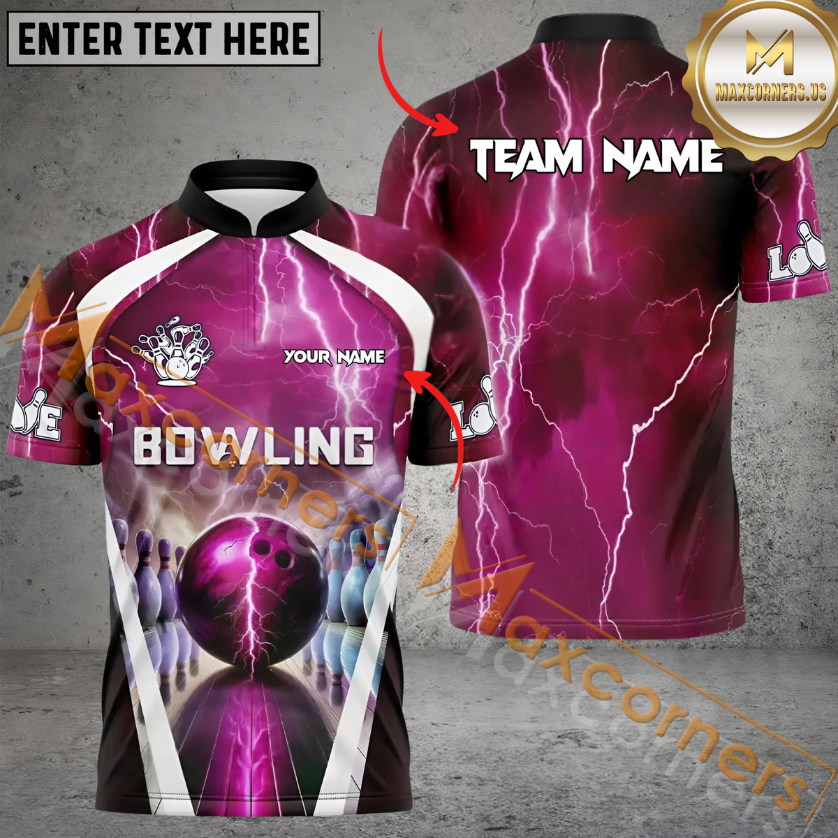 Maxcorners Ball And Pins Digital Thunder Lightning Bowling Jersey Multicolor Option Customized Name, Team Name 3D Polo Shirt