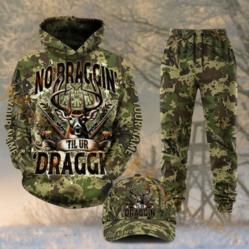 Maxcorners Hunting No Bragging Just Dragging Deer Antlers Camo Personalized 3D Combo Hoodie, Sweatpants Set & Cap