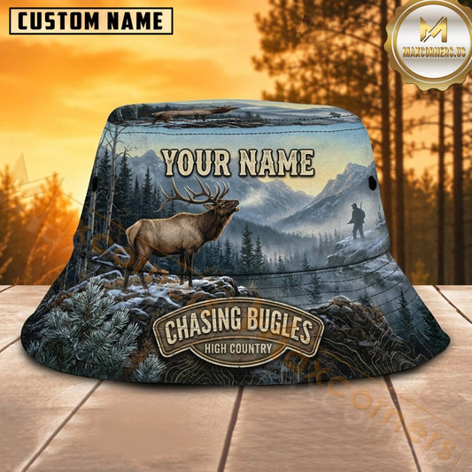 Maxcorners Moose Hunting Chasing Bulls Blue Ridge Personalized Name 3D Bucket Hat