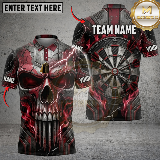 Maxcorners Darts Crimson Red Skull Dark Thunder Dartboard Multicolor Customized Name, Team Name 3D Shirts ( 4 Colors )