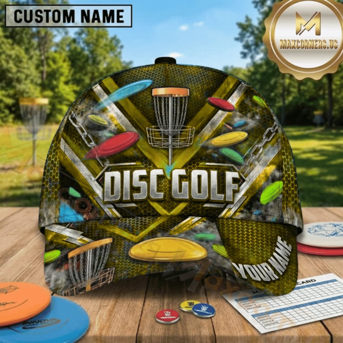 (7 Colors) Maxcorners Disc Golf Dynamic Flying Discs & Chain Basket Personalized Name 3D Cap LM3009