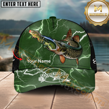 Maxcorners Northern Pike Fishing Green Lightning Design Personalized Name 3D Cap