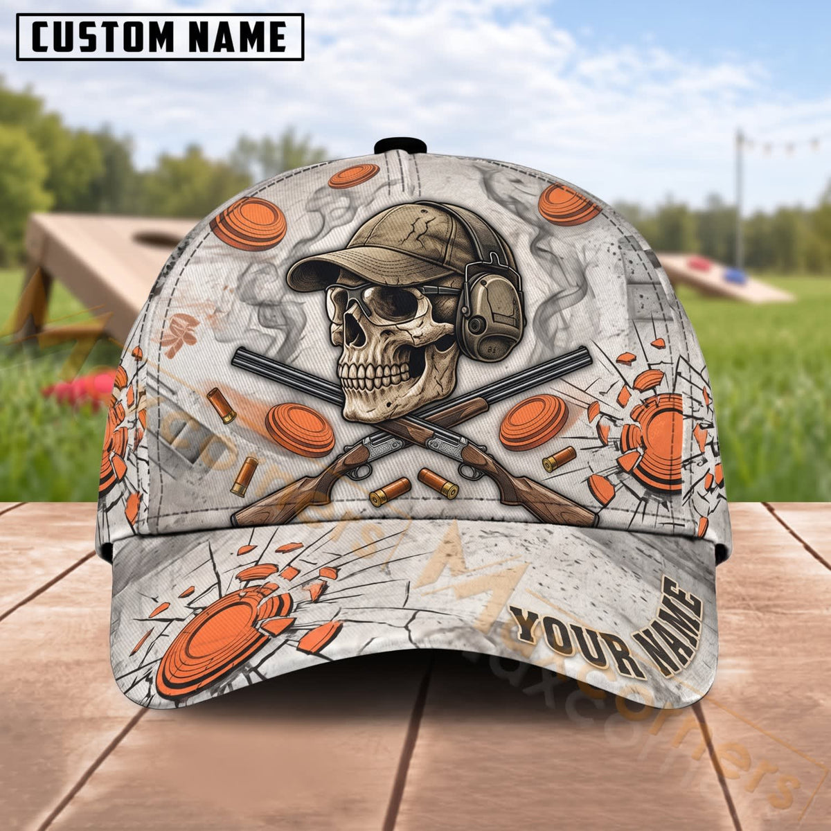 Maxcorners Trap & Skeet Shooting White Skull Flying Clays Personalized Name 3D Cap