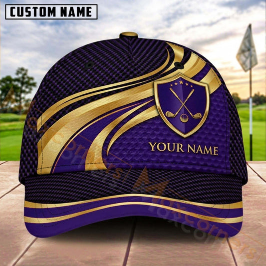 Maxcorners Golf Shield Clubs Gold Flow Personalized Name 3D Cap (7 Colors)