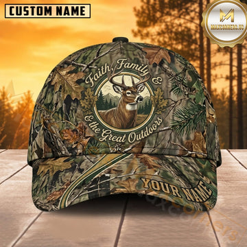 Maxcorners Deer Hunting Whitetail Buck Faith Family and the Great Outdoors Crest Camo Customized Name 3D Cap