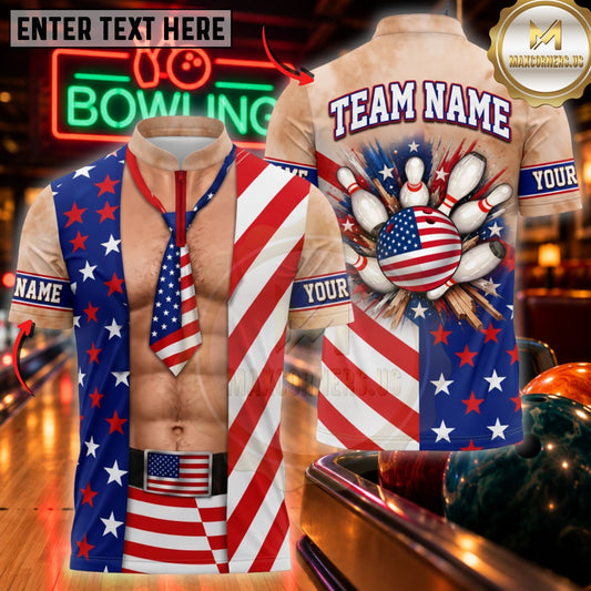 Maxcorners Bowling Patriotic Suit Tie US Flag Pins Graphic Customized Name, Team Name 3D Shirts