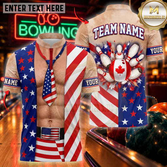 Maxcorners Bowling US Flag Suit Open Vest Abs Canada Pins Shirt Customized Name, Team Name 3D Shirts