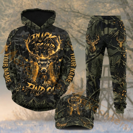 Maxcorners Hunting Golden Deer Skull Dark Woodland Camo Personalized 3D Combo Hoodie, Sweatpants Set & Cap
