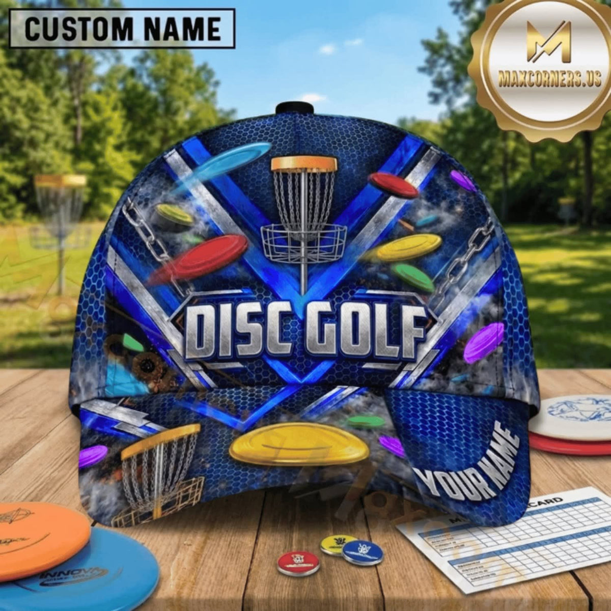 (7 Colors) Maxcorners Disc Golf Dynamic Flying Discs & Chain Basket Personalized Name 3D Cap LM3009