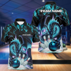 Maxcorners Custom Blue Flame Dragon Bowling Polo Shirts For Men, Dragon Bowling Team Jerseys  LM233