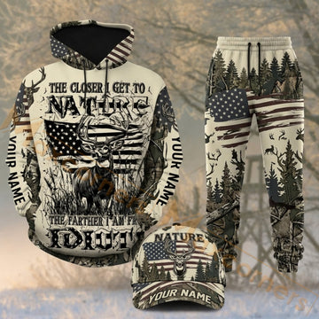 Maxcorners Hunting Nature Forest American Flag Deer Camo Personalized 3D Combo Hoodie, Sweatpants Set & Cap