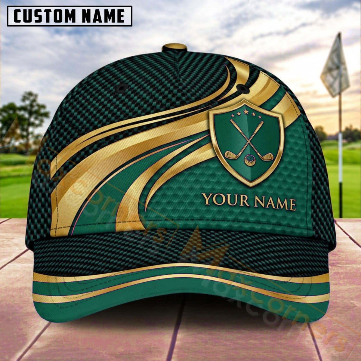 Maxcorners Golf Shield Clubs Gold Flow Personalized Name 3D Cap (7 Colors)