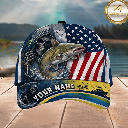 Maxcorners Fishing American Flag Grim Reaper Personalized 3D Cap