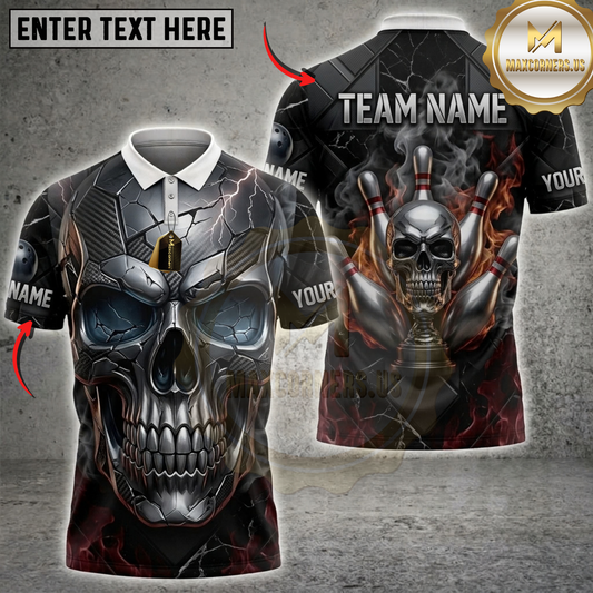 Maxcorners Bowling Blue Eyed Metallic Skull Mechanical Dartboard Multicolor Customized Name, Team Name 3D Shirts ( 4 Colors )