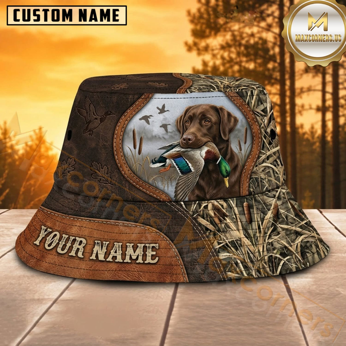 Maxcorners Duck Hunting Dog Brown Leather Badge Personalized Name 3D Bucket Hat