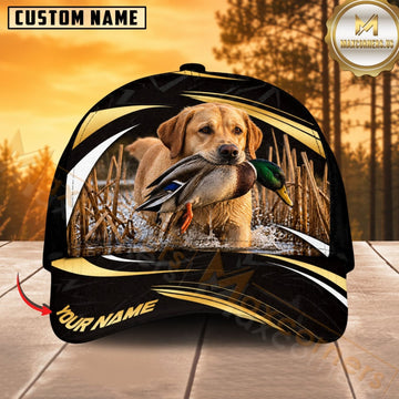 Maxcorners Dog Hunting And Duck Black Gold Wave Wetland Personalized Name 3D Cap