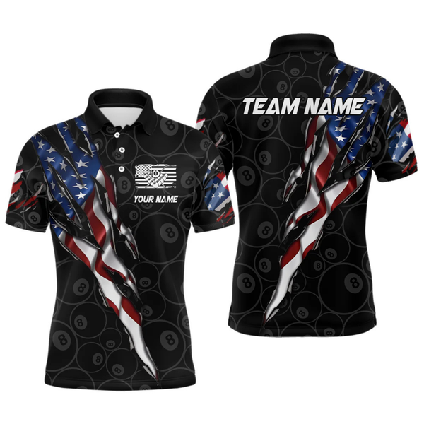 Maxcorners American Flag Scratch Billiard Shirt For Men, Custom 8 Ball Pool Team Jersey Polo & 1/4 Zip LM1805