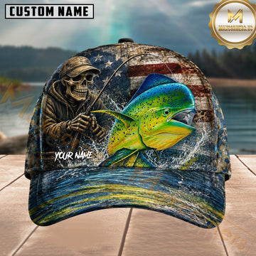 Maxcorners Fishing Skull Angler Patriotic Mahi Mahi Personalized 3D Cap