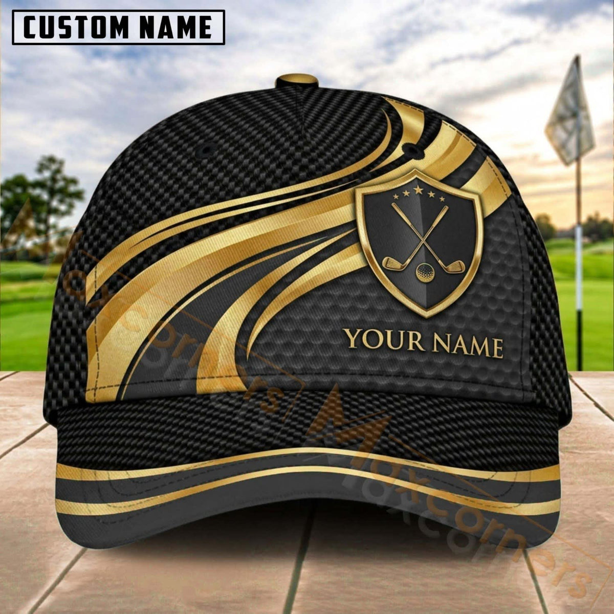 Maxcorners Golf Shield Clubs Gold Flow Personalized Name 3D Cap (7 Colors)