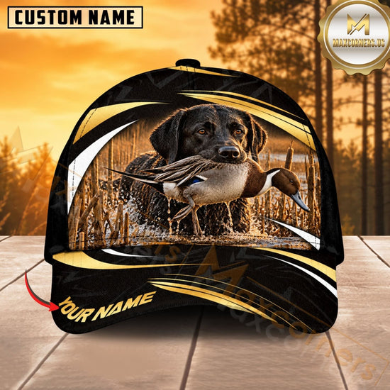 Maxcorners Dog Hunting And Duck Black Gold Wave Wetland Personalized Name 3D Cap
