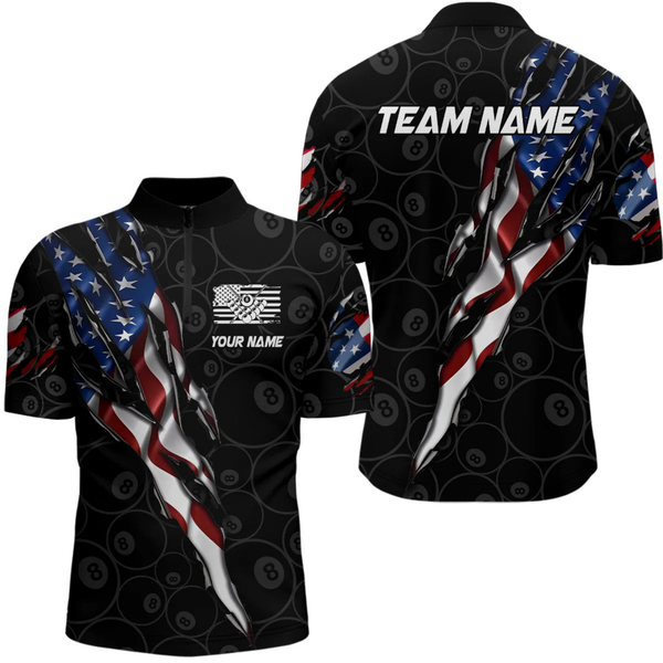 Maxcorners American Flag Scratch Billiard Shirt For Men, Custom 8 Ball Pool Team Jersey Polo & 1/4 Zip LM1805