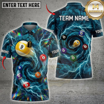 Maxcorners Billiards Turquoise Lightning And Golden 9 Ball Personalized Name 3D Unisex Shirt
