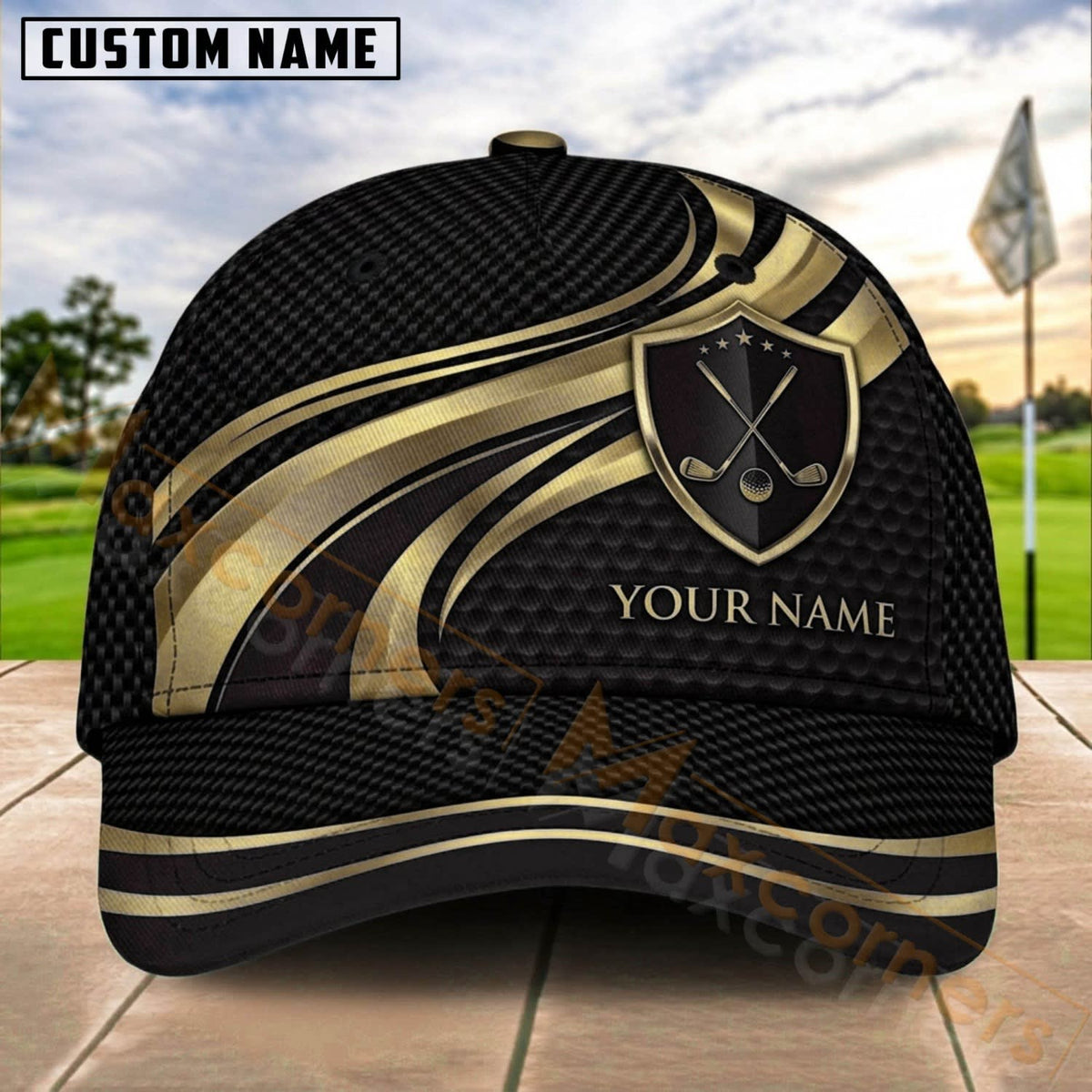 Maxcorners Golf Shield Clubs Gold Flow Personalized Name 3D Cap (7 Colors)