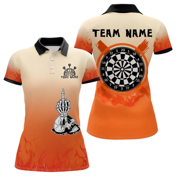 Maxcorners Men's Custom Dart Shirt With Skeleton Middle Finger Skull And Fiery Orange LM1605