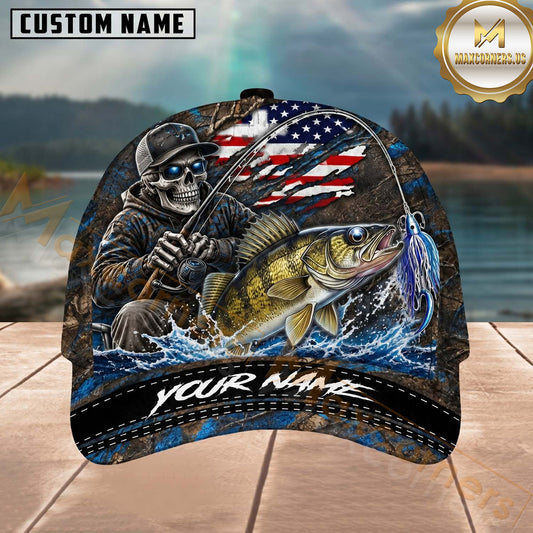 Maxcorners Fishing Skull Fisherman American Flag Personalized 3D Cap